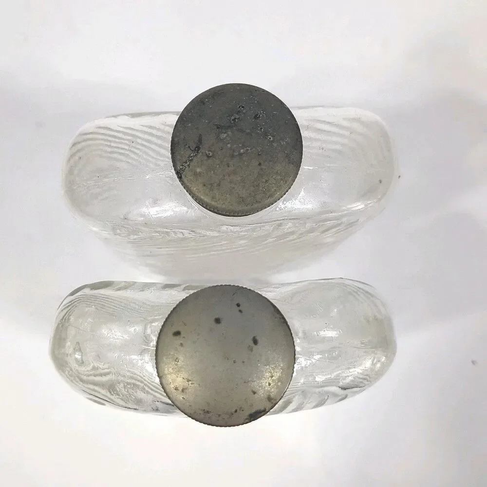 Lot of 2 Antique Universal Art Deco Glass Whisky Hip Flask Bottle 1927 Metal Cap